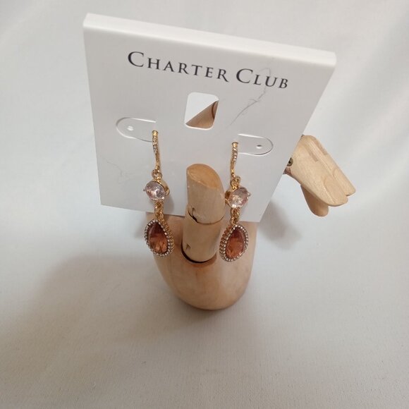 Champaign Pink and clear stone gold tone drop earrings - Picture 3 of 8